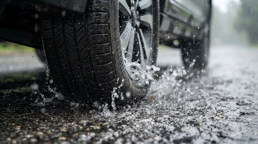 Vehicle tyre throwing up water on a wet road